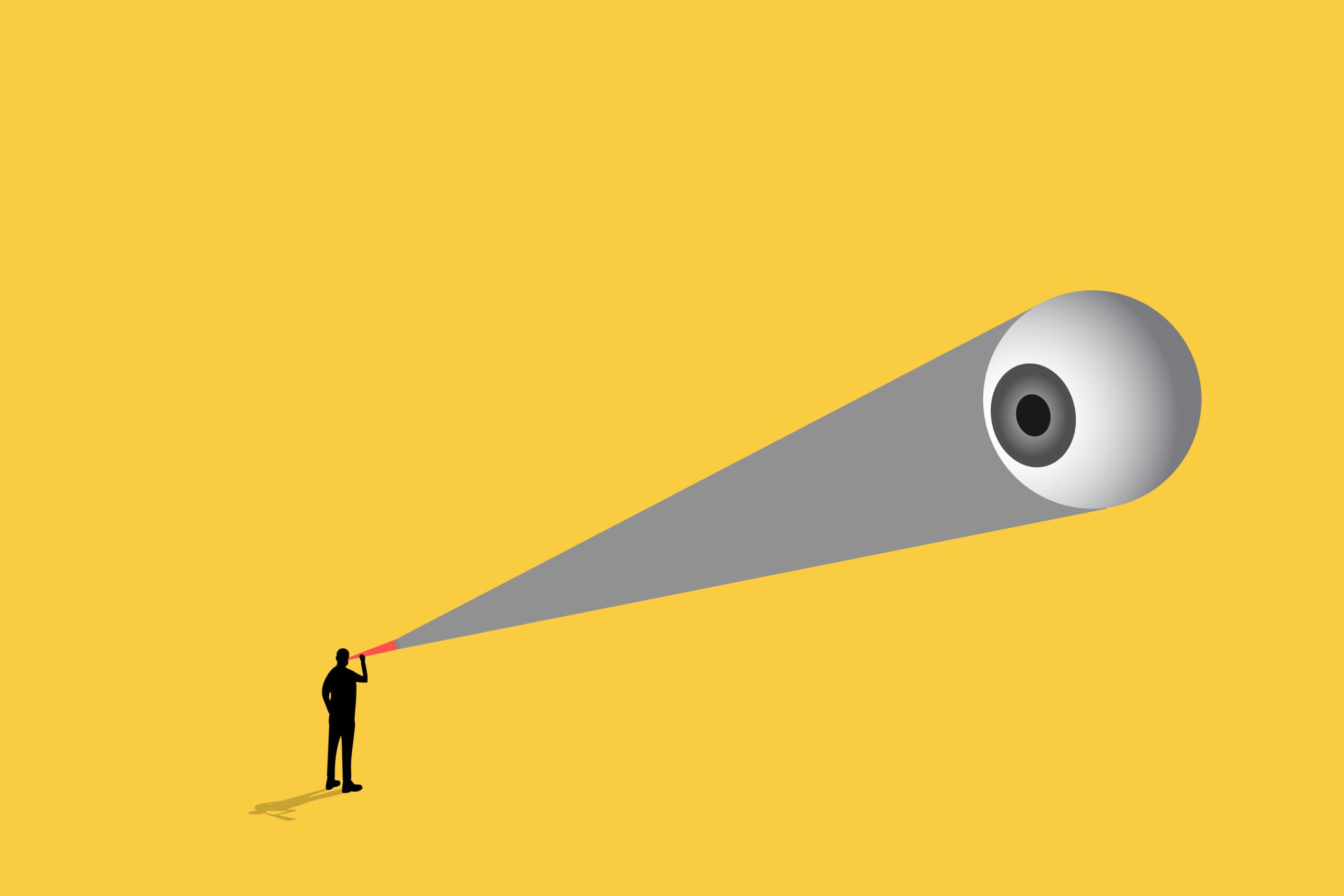 A small silhouette of a person speaks into a megaphone, projecting a large gray beam that forms an eye—symbolizing Location Trails—set against a plain yellow background.