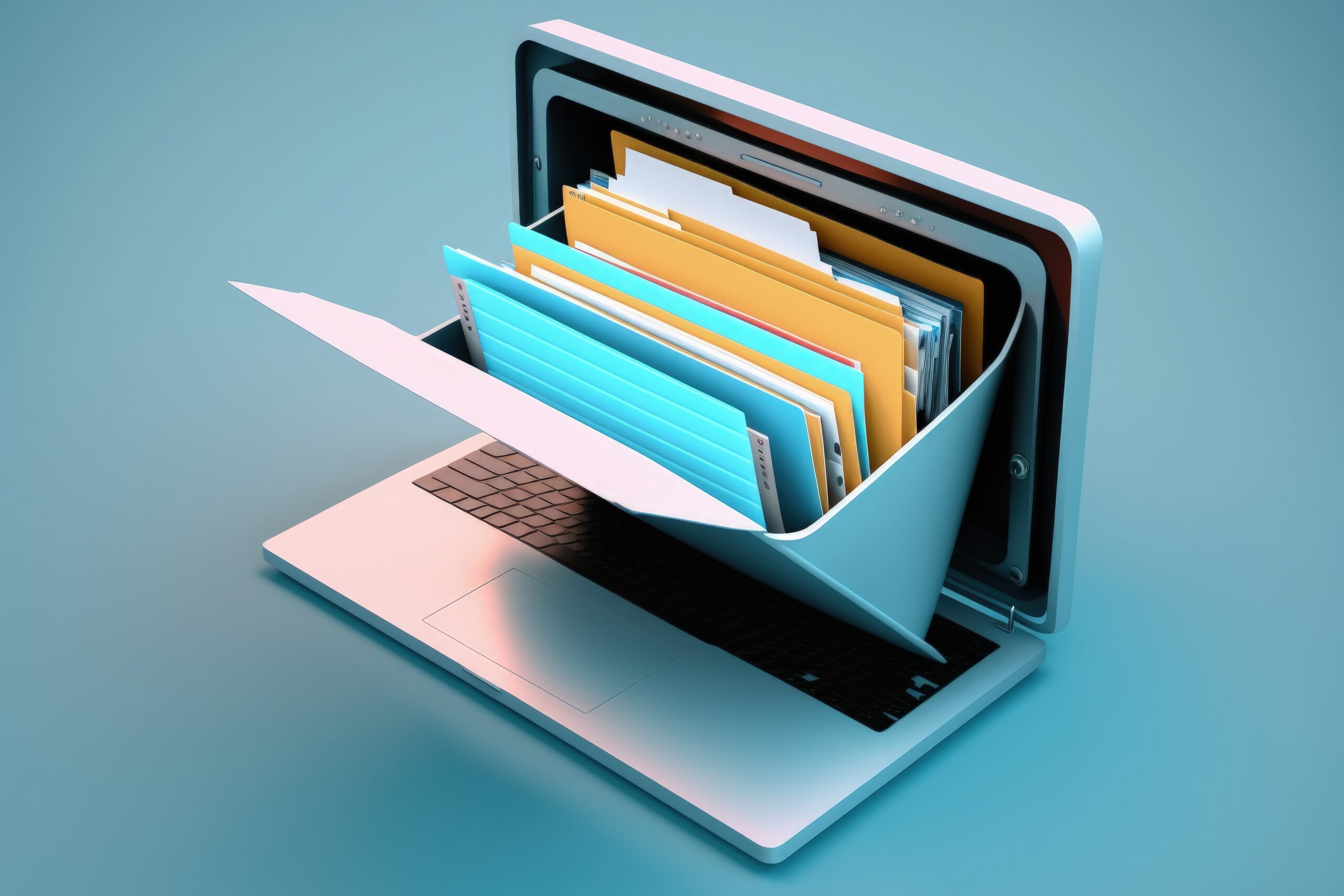 A laptop with its screen partially opened like a folder, containing colorful file folders inside, symbolizing digital file organization or data storage.
