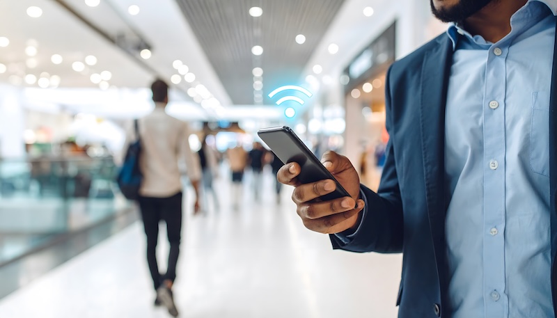 A person in a suit holding a smartphone with a Wi-Fi symbol above it, standing in a brightly lit mall with shoppers walking in the background.