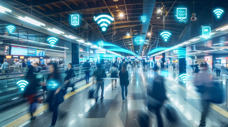 A busy airport terminal with blurred travelers walking, overlaid with blue digital icons representing Wi-Fi and secure internet connection while traveling, illustrating a connected, modern environment.