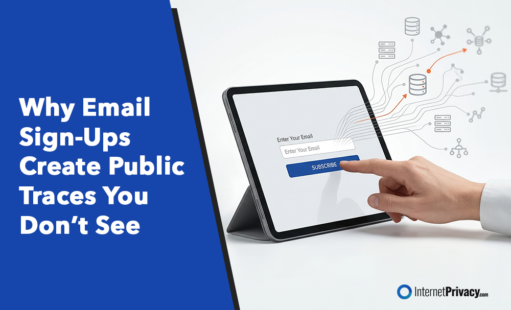 A hand taps "Subscribe" on a tablet's Email Sign-Ups form, with illustrated data flowing from the screen. Text reads: "Why Email Sign-Ups Create Public Traces You Don’t See." InternetPrivacy.com logo in corner.