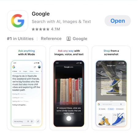 Screenshot of the Google app in the App Store, highlighting its logo, 4.1M ratings, features like asking questions with AI, Google Lens image search, shopping from screenshots, and options to clear Google search history.