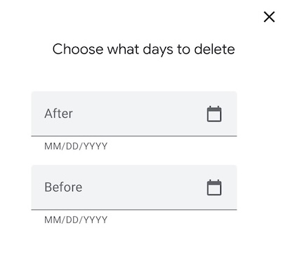 A screen displays options to select dates "After" and "Before" using calendar icons in MM/DD/YYYY format, making it easy to clear Google search history for specific days you choose to delete.