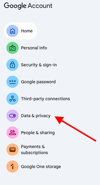 A Google Account settings menu with various options. A red arrow points to the highlighted "Data & privacy" section, where you can manage your preferences and clear Google search history.
