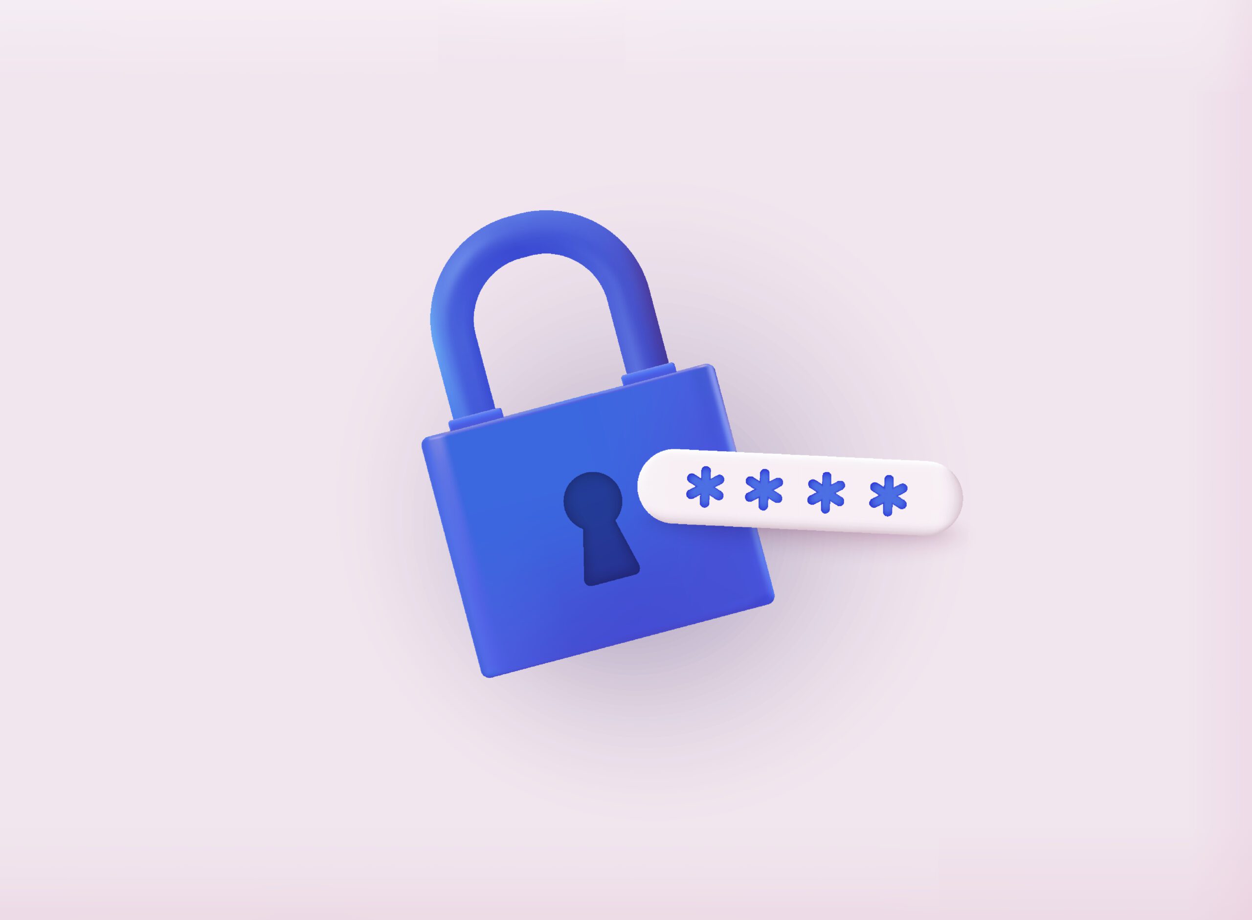 A blue padlock with a keyhole next to a password field containing four asterisks on a light purple background, symbolizing security or password protection.