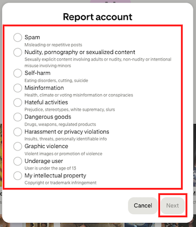 Options for reporting someone’s account on Pinterest.