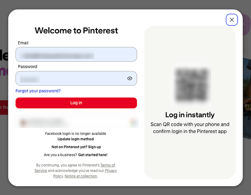 Logging in to Pinterest.