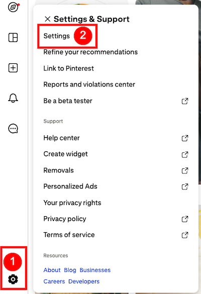 The Settings option in the Settings and Support menu.