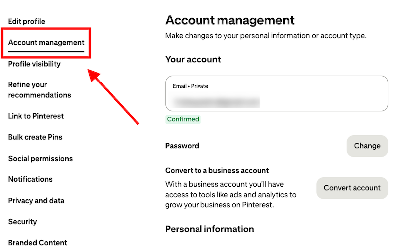 The Account Management option in Settings.