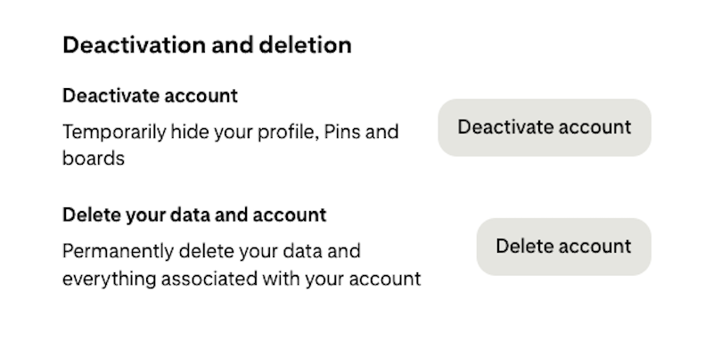 Options to deactivate or delete a Pinterest account.