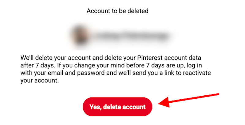 The account deletion confirmation email from Pinterest.